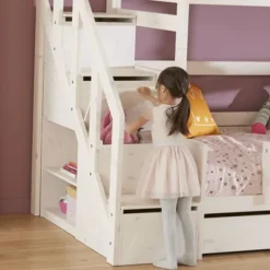 LIFEETIME Stapelbed Familie Met Trapkast - 90/140x200 cm - Premium Rolbodem - White Wash