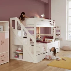 LIFEETIME Stapelbed Familie Met Trapkast - 90/140x200 cm - Premium Rolbodem - White Wash