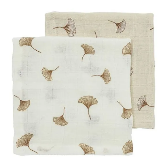 Meyco Baby Gingko Monddoekjes - 2 Stuks - 30 x 30 cm - Pre-Washed Hydrofiel - Offwhite/Soft Sand