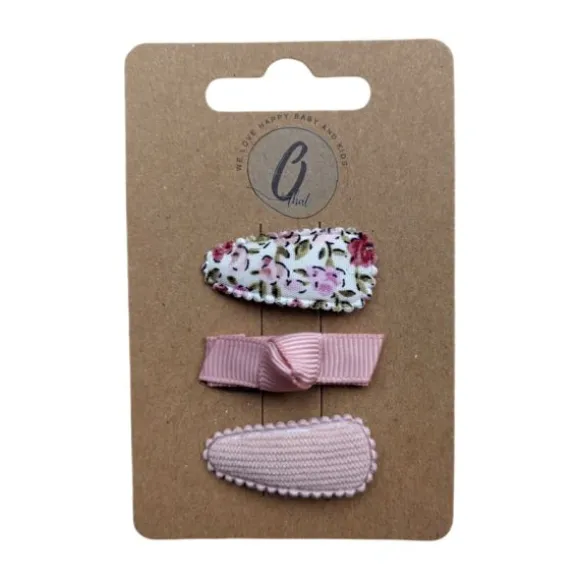 Ootje Kadootje Babyhaarclipjes - Print Roze/Rib Roze - 3 stuks